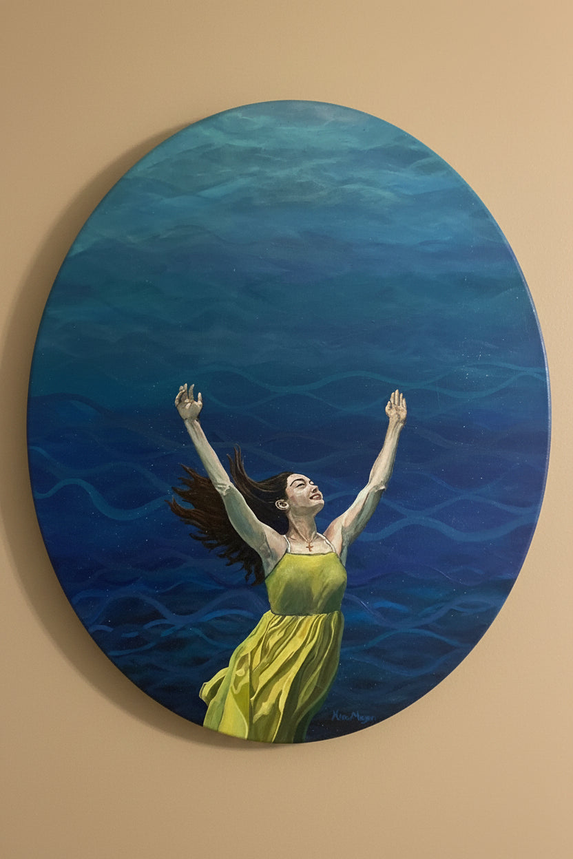 Circular artwork of a woman in a yellow dress underwater on a textured surface.